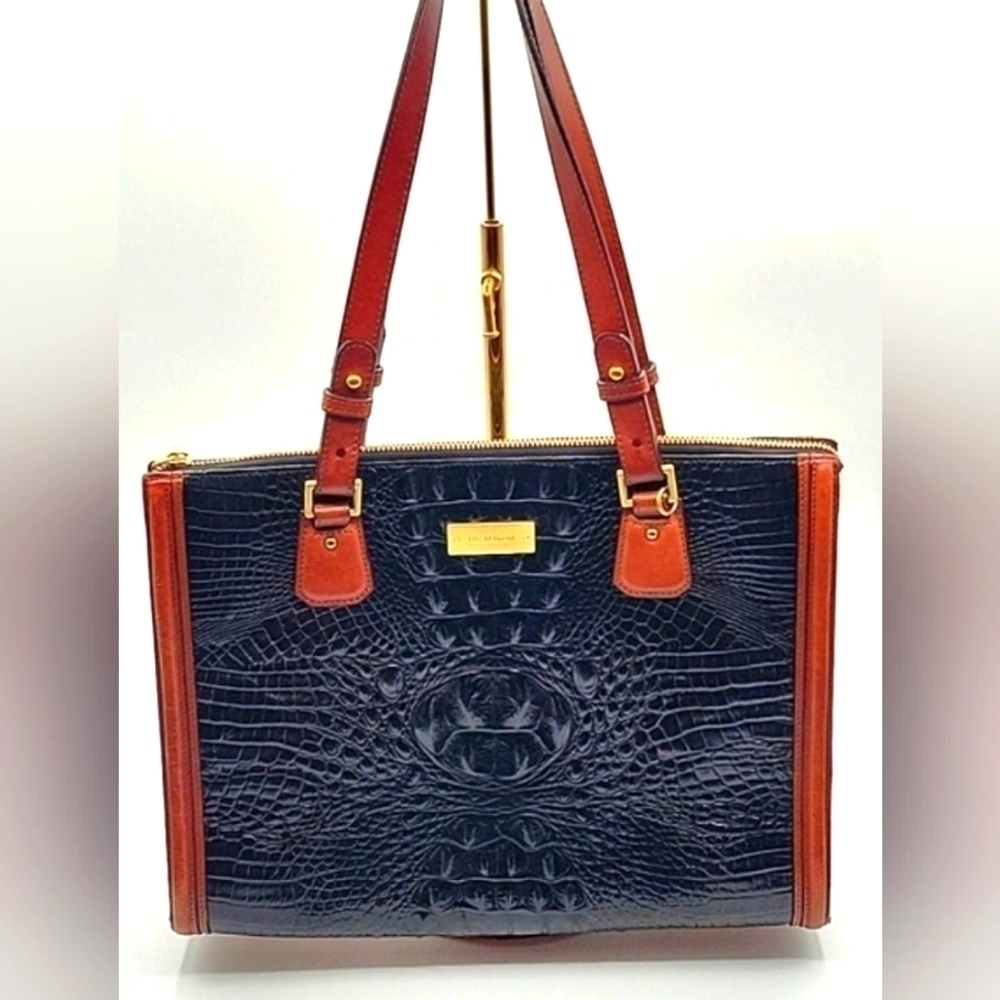 BRAHMIN Black Croc Embossed Crox Leather Shopper's Tote Cognac Leather Strap